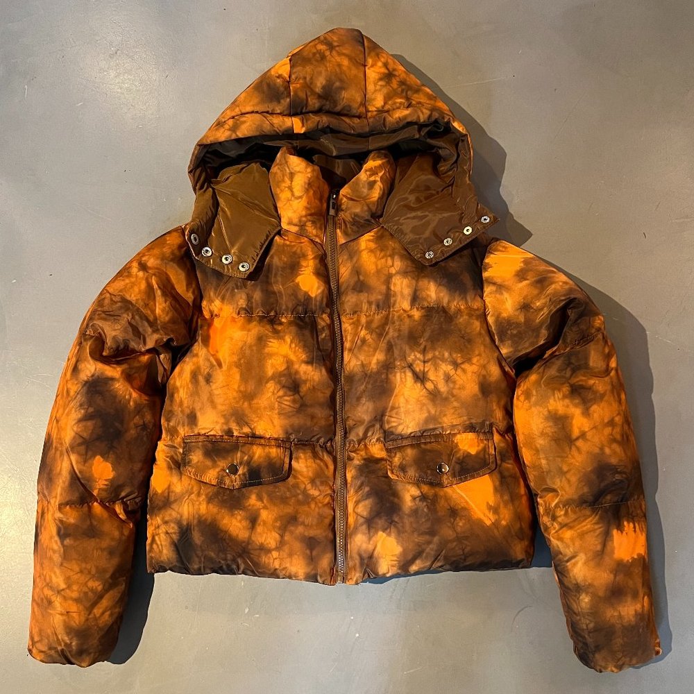 *NEW W/ TAGS* PrettyLittleThing Orange Brown Tie Dye Puffer Jacket Size 4